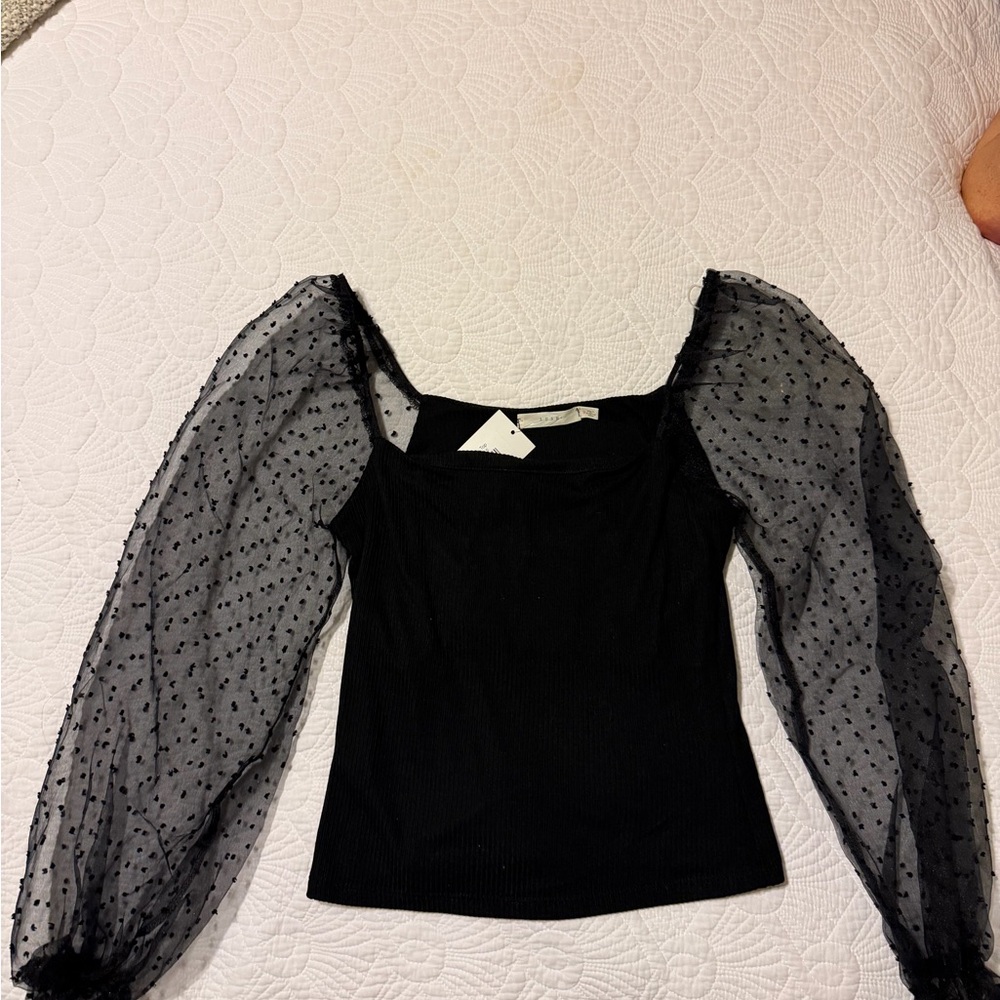 Lush Black Top with Sheer Polka Dot Sleeves